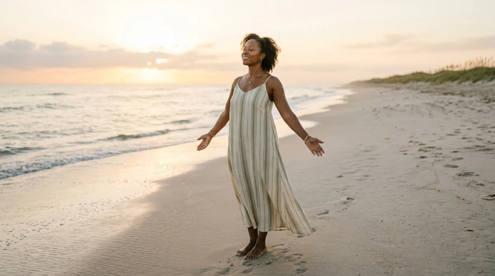A woman standing peacefully on a Florida beach at sunrise with her arms open