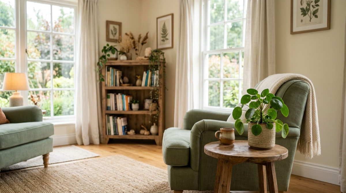 A warm, calming therapy office with sage-green armchairs, a plant, and bookshelves